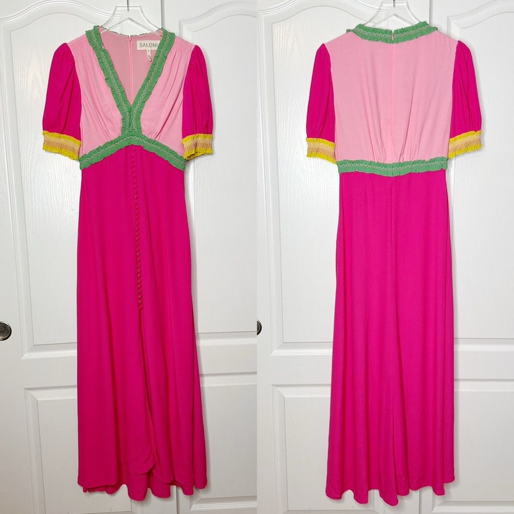 Saloni Lea Colorblock Crepe Maxi Dress Pink Green Size 4 US - Picture 4 of 13